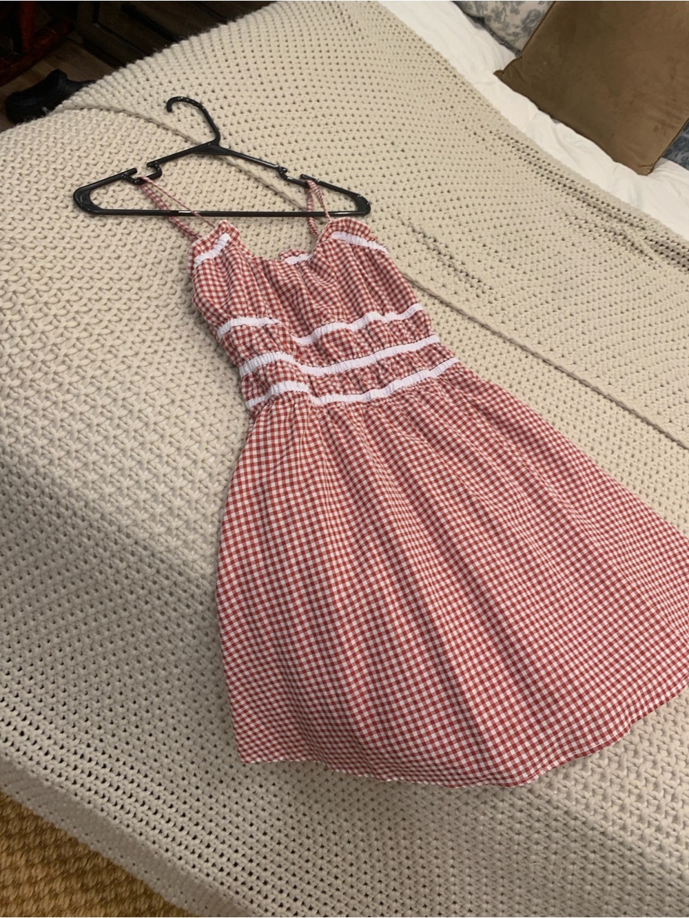 Red Gingham Smocked Mini Dress with Lace Trim